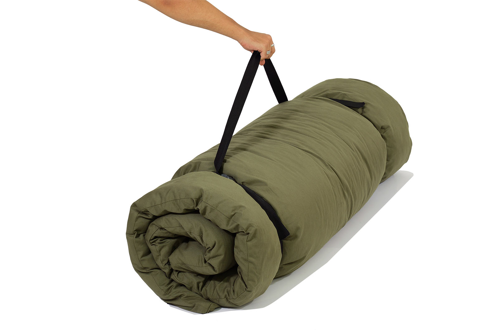 Futón portátil de dos plazas, ligero y enrollable, ideal para yoga, meditación o viajes. Fabricado con algodón ecológico, incluye funda protectora y cinta de transporte.