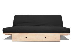 Sofá cama Yokohama de madera maciza 150x200. Convertible con almacenaje trasero y opción de cajón frontal. Acabado natural sin barniz, ideal para futones.