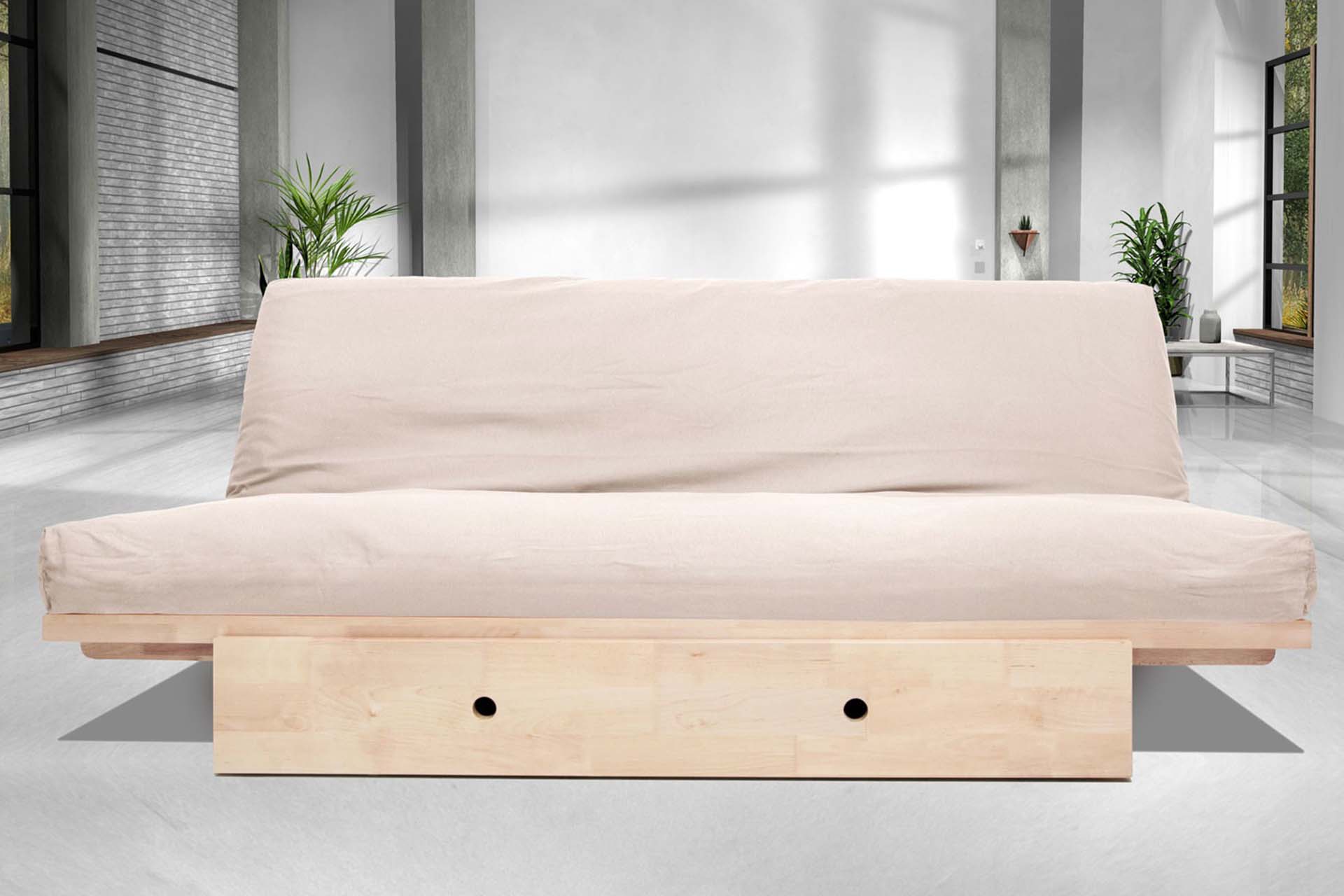Sofá cama Yokohama de madera maciza 150x200. Convertible con almacenaje trasero y opción de cajón frontal. Acabado natural sin barniz, ideal para futones.