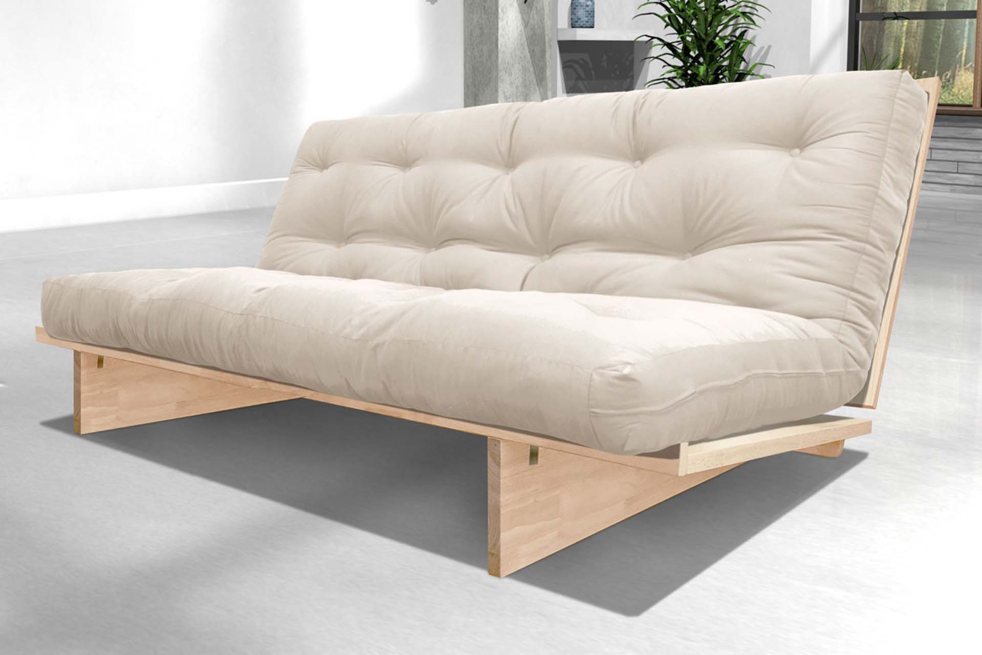 Sofá cama Yokohama de madera maciza 150x200. Convertible con almacenaje trasero y opción de cajón frontal. Acabado natural sin barniz, ideal para futones.