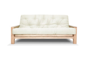 Sofá cama Vienna de madera maciza con reposabrazos. Convertible 140x200 con apertura tipo libro. Acabado natural sin barniz. Ideal para futones y espacios versátiles.