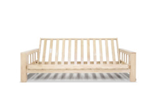 Sofá cama Vienna de madera maciza con reposabrazos. Convertible 140x200 con apertura tipo libro. Acabado natural sin barniz. Ideal para futones y espacios versátiles.