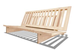 Sofá cama Yokohama de madera maciza 150x200. Convertible con almacenaje trasero y opción de cajón frontal. Acabado natural sin barniz, ideal para futones.