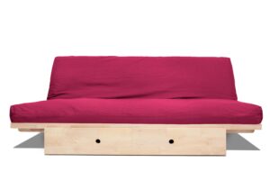 Sofá cama Yokohama de madera maciza 150x200. Convertible con almacenaje trasero y opción de cajón frontal. Acabado natural sin barniz, ideal para futones.