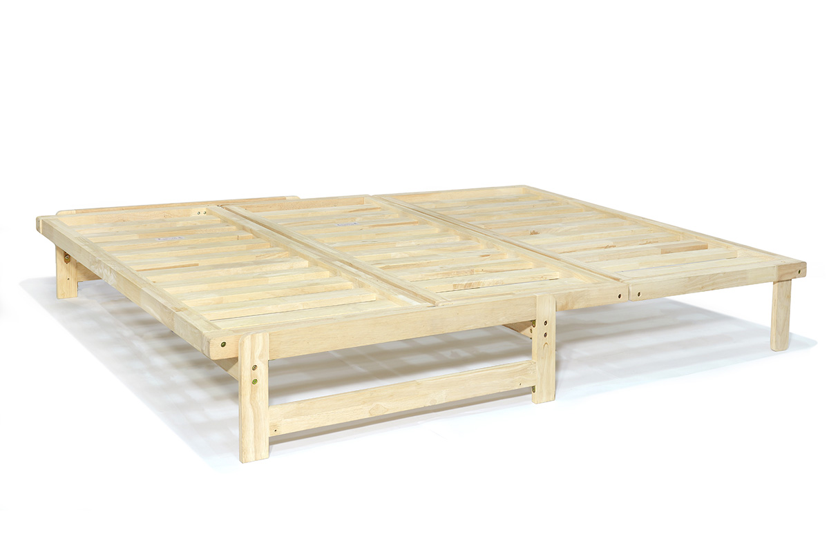 Sofá cama A-Frame de madera ecológica 140x200. Convertible práctico y compacto, ideal para futones. Acabado natural sin barniz. Perfecto para invitados.