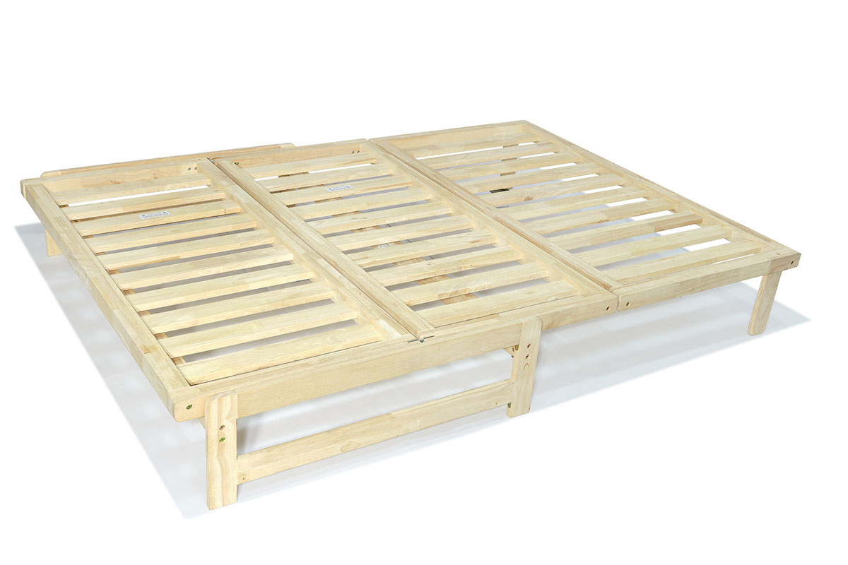 Sofá cama A-Frame de madera ecológica 140x200. Convertible práctico y compacto, ideal para futones. Acabado natural sin barniz. Perfecto para invitados.