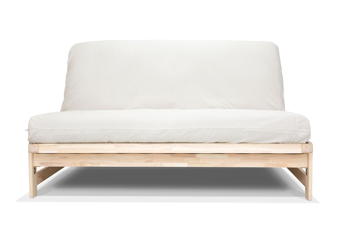Sofá cama A-Frame de madera ecológica 140x200. Convertible práctico y compacto, ideal para futones. Acabado natural sin barniz. Perfecto para invitados.
