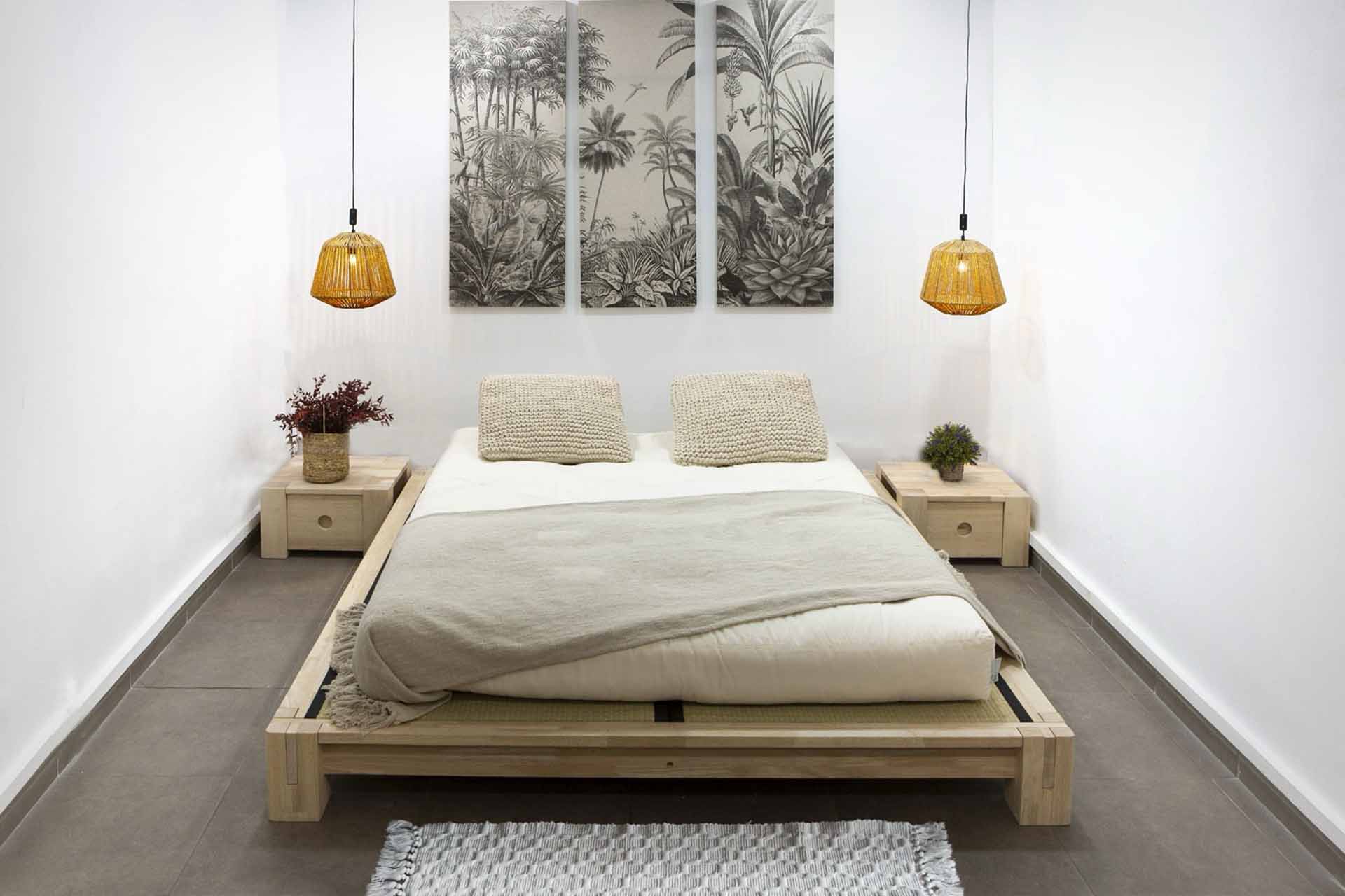 Base para tatami de madera maciza, modelo Tokio. Cama japonesa fabricada en madera sostenible de hevea, con acabado natural sin barniz. Disponible en varias medidas y combinable con tatamis japoneses.