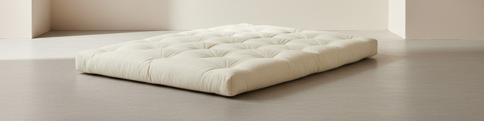 Sección de un futón que muestra las capas internas de algodón natural.